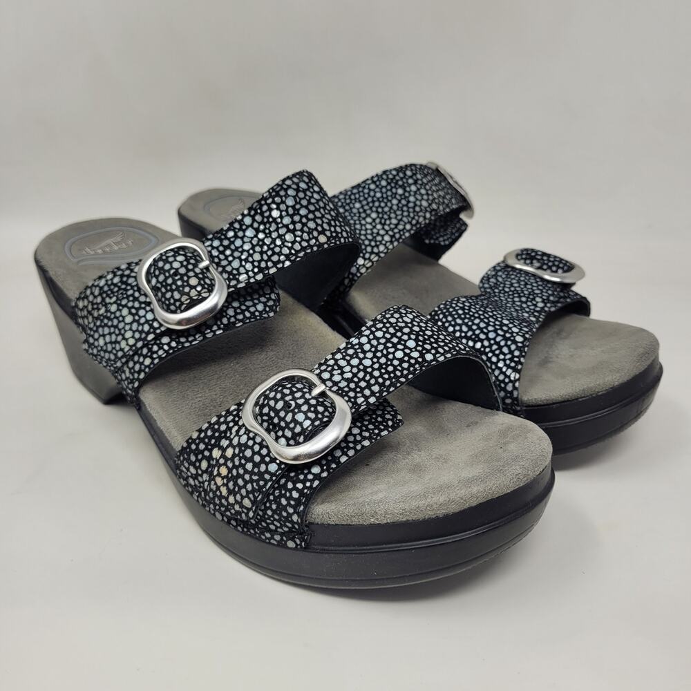 Dansko Sandals EU38 US7.5 Black Shagreen Sophie Leather Slides Heeled Slip On